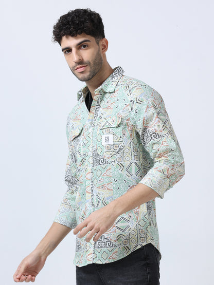 Blue Abstract  Printed Double Pocket Shirt