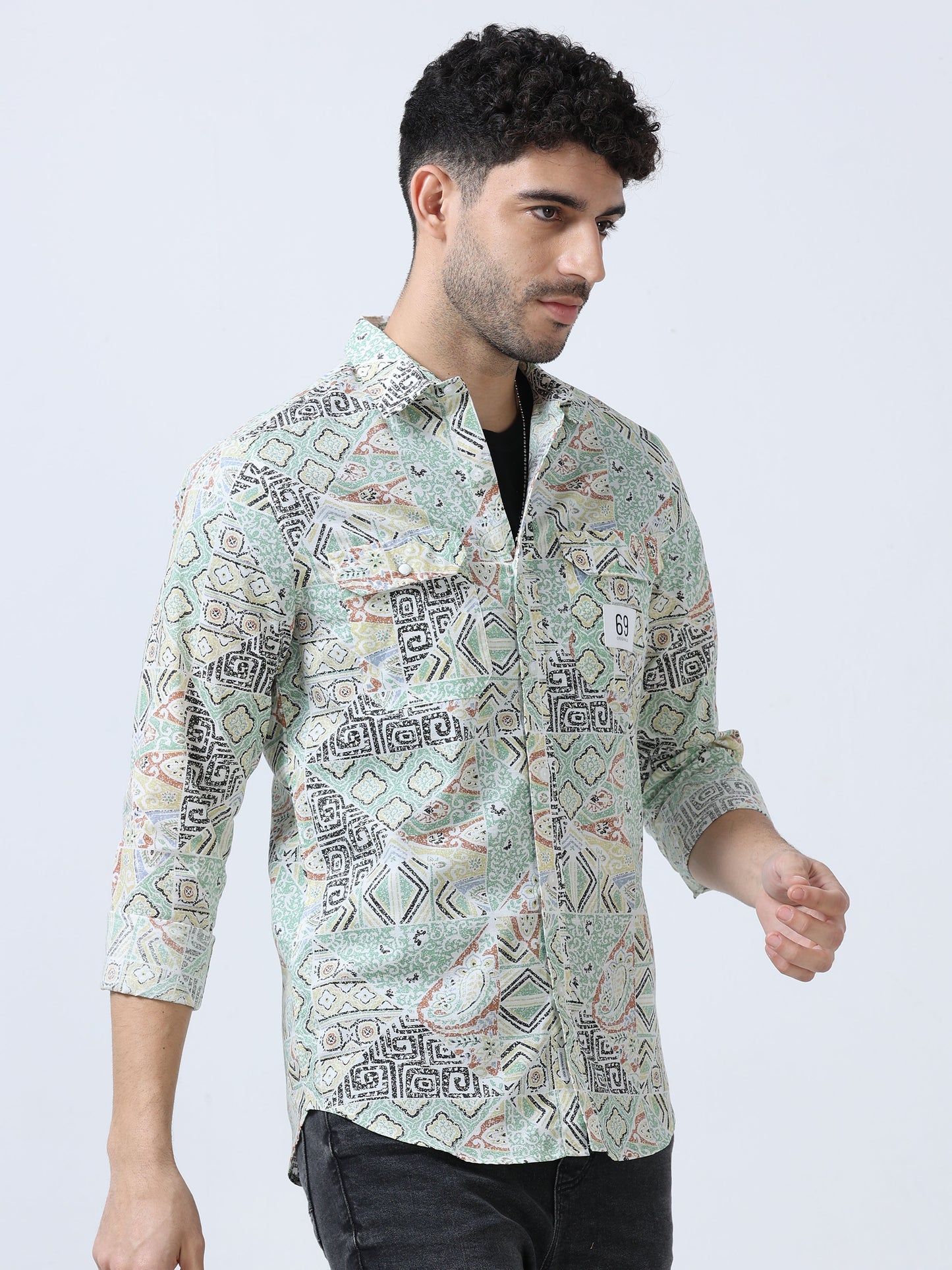 Blue Abstract  Printed Double Pocket Shirt