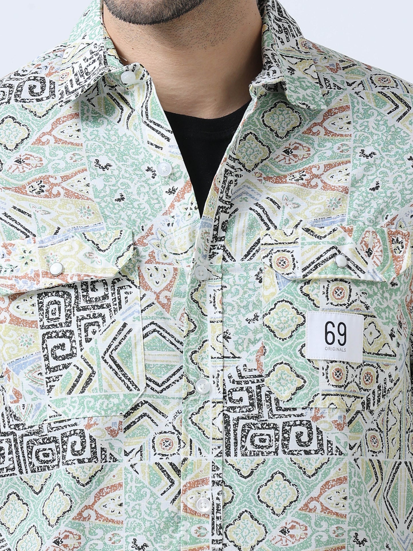 Blue Abstract  Printed Double Pocket Shirt