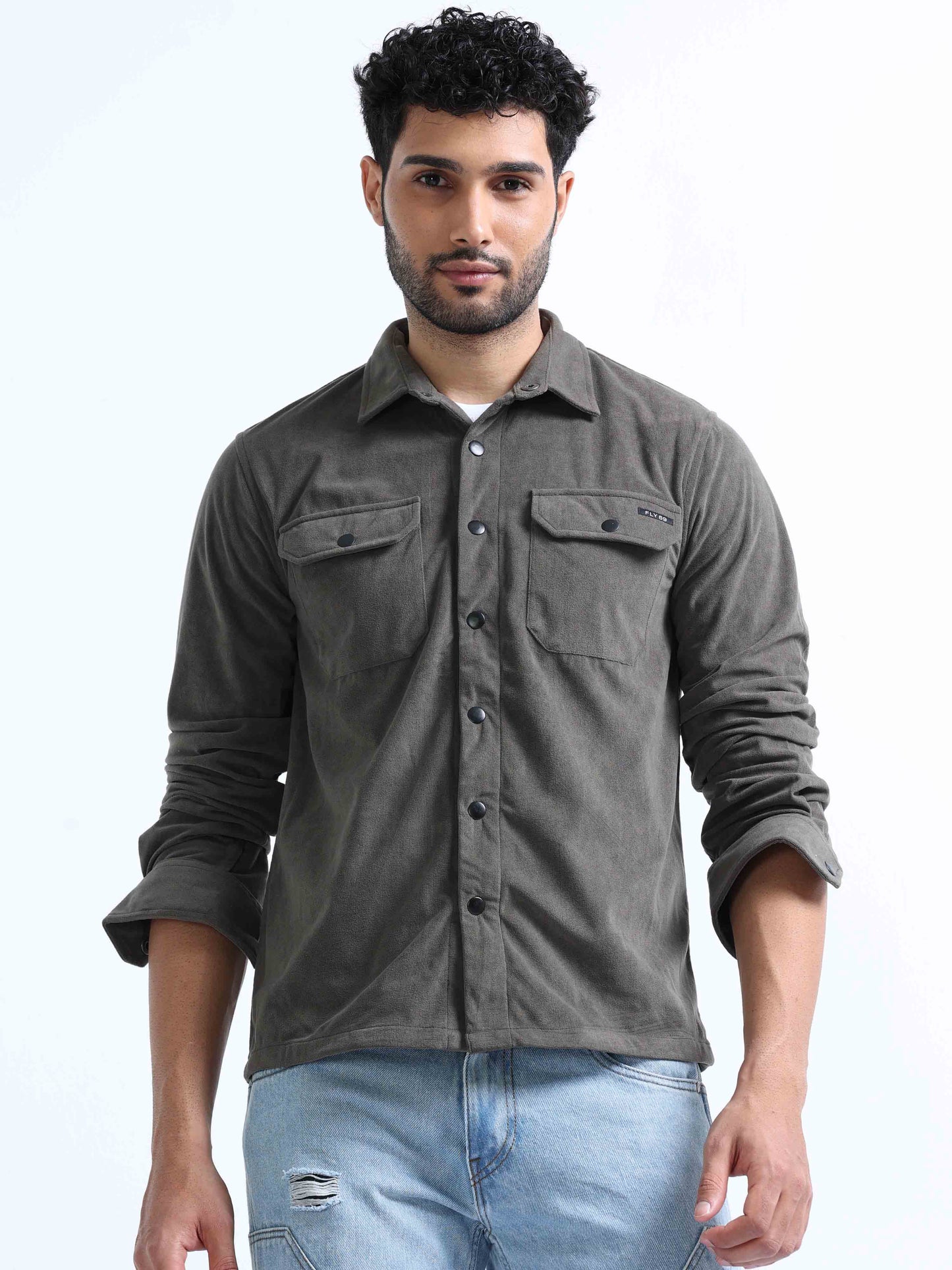 Mud Green Velvet Over Full Sleeve Shirt For Men 