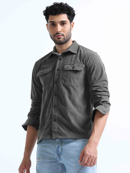 Mud Green Velvet Over Full Sleeve Shirt For Men 