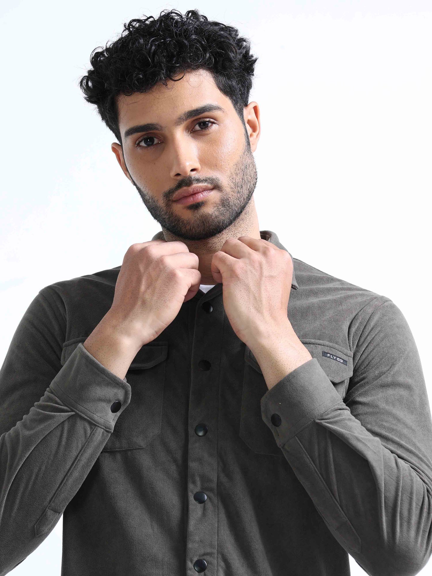 Mud Green Velvet Over Full Sleeve Shirt For Men 