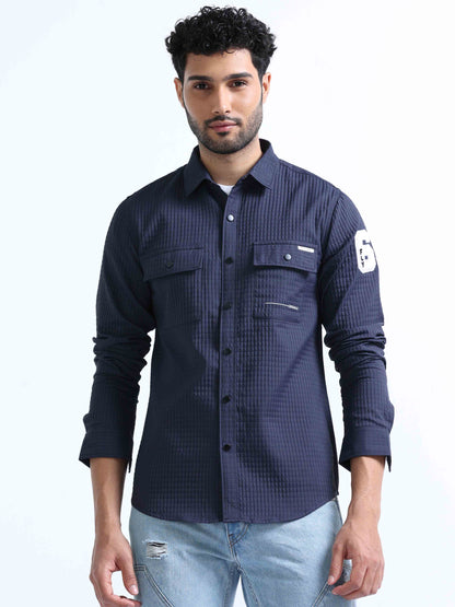 Navy Blue Blend Double Pocket Shirt For Men 