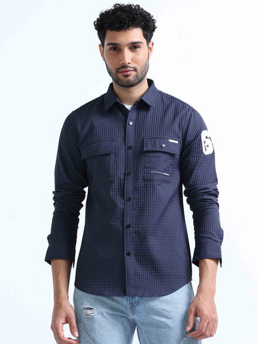 Navy Blue Blend Double Pocket Shirt For Men 