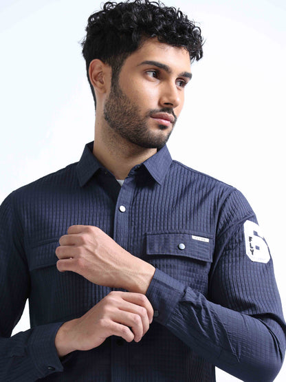 Navy Blue Blend Double Pocket Shirt For Men 