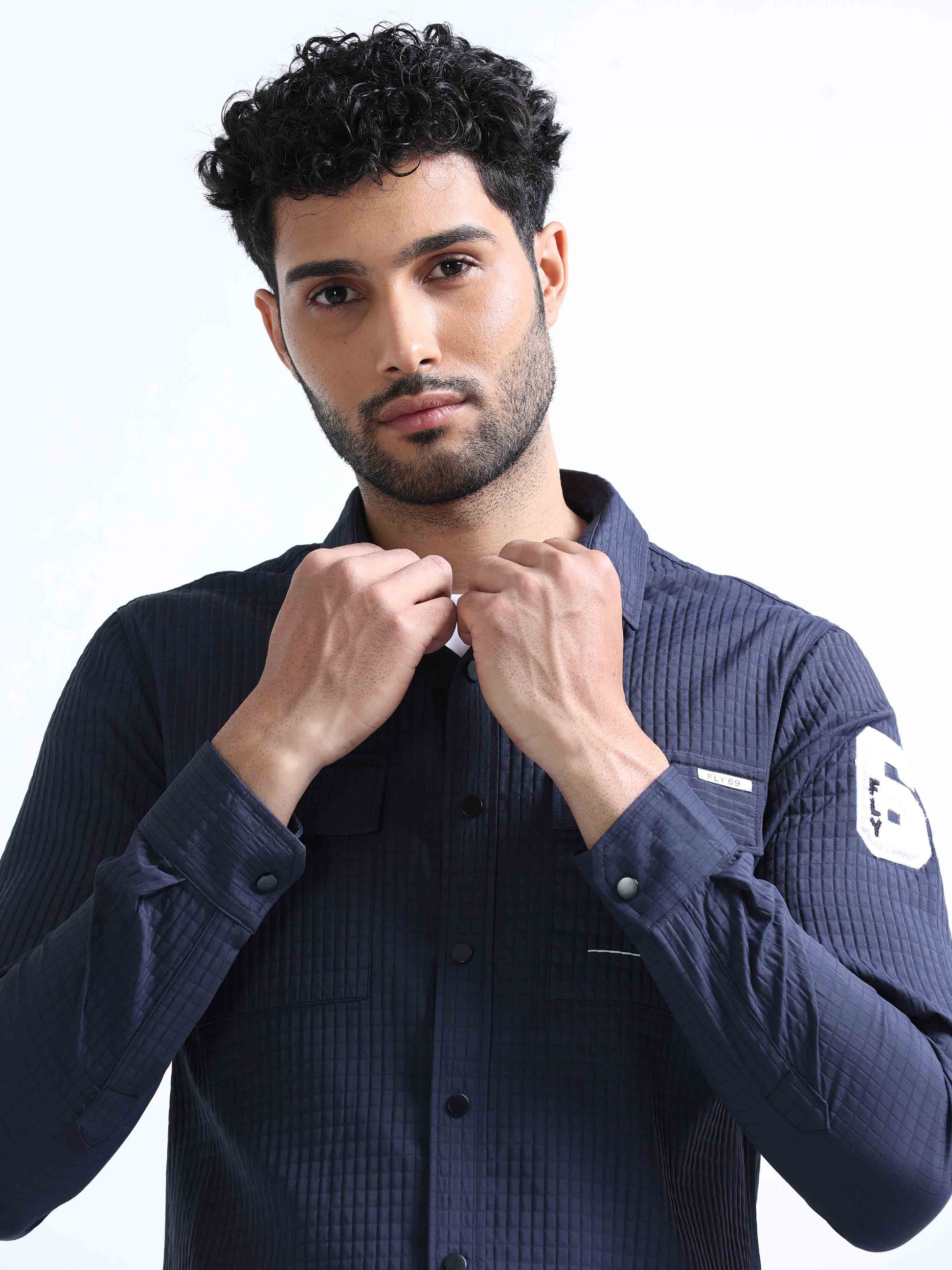 Navy Blue Blend Double Pocket Shirt For Men 