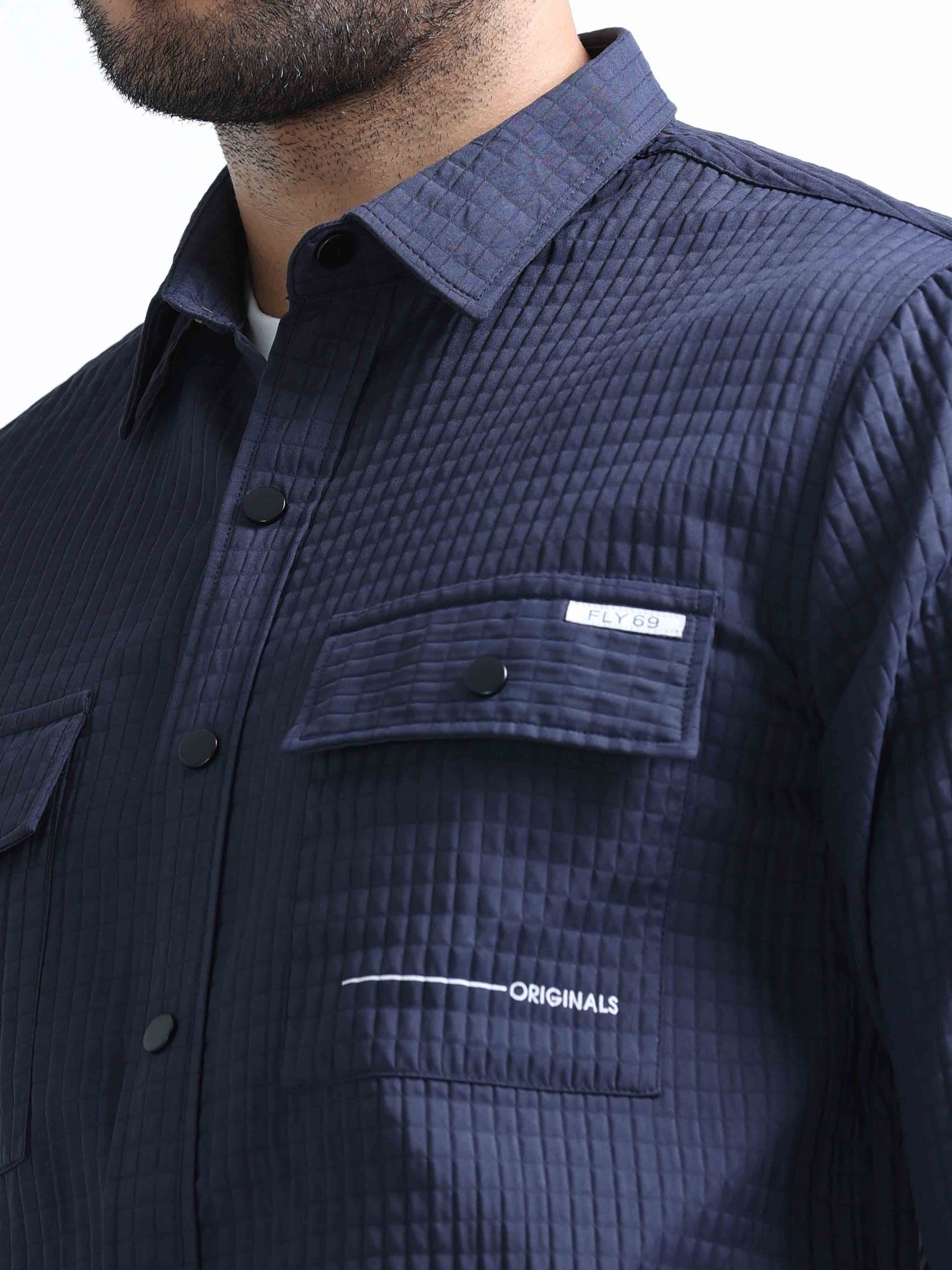 Navy Blue Blend Double Pocket Shirt For Men 
