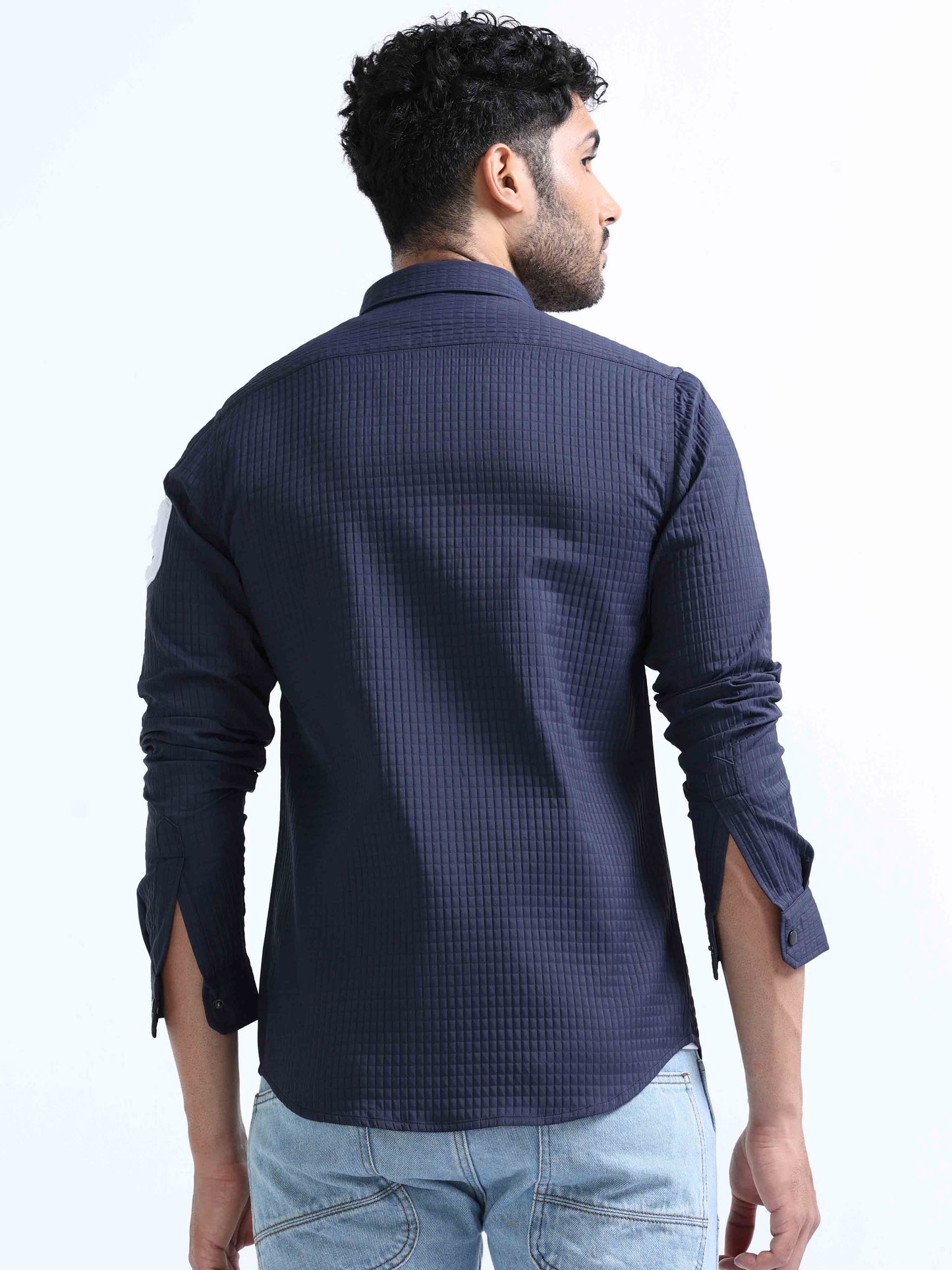 Navy Blue Blend Double Pocket Shirt For Men 