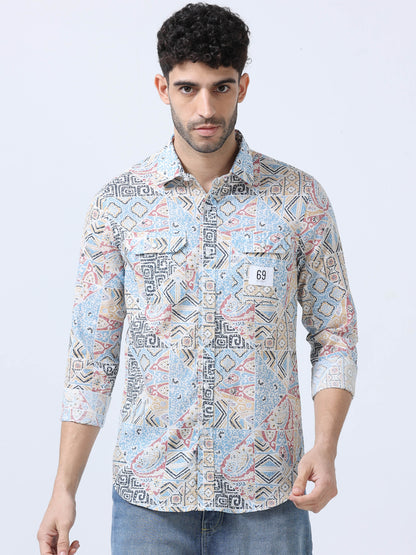 Blue & Pink Abstract Printed Double Pocket Shirt