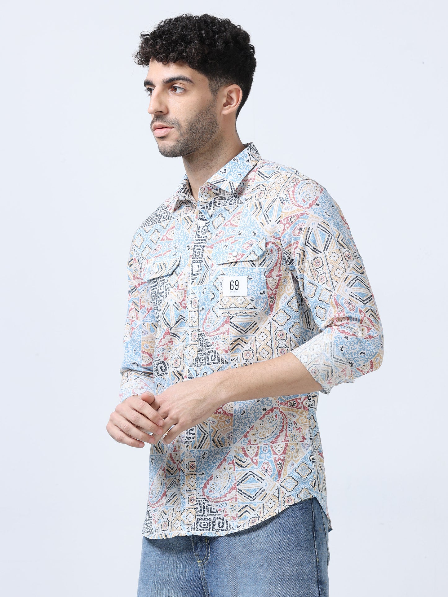 Blue & Pink Abstract Printed Double Pocket Shirt