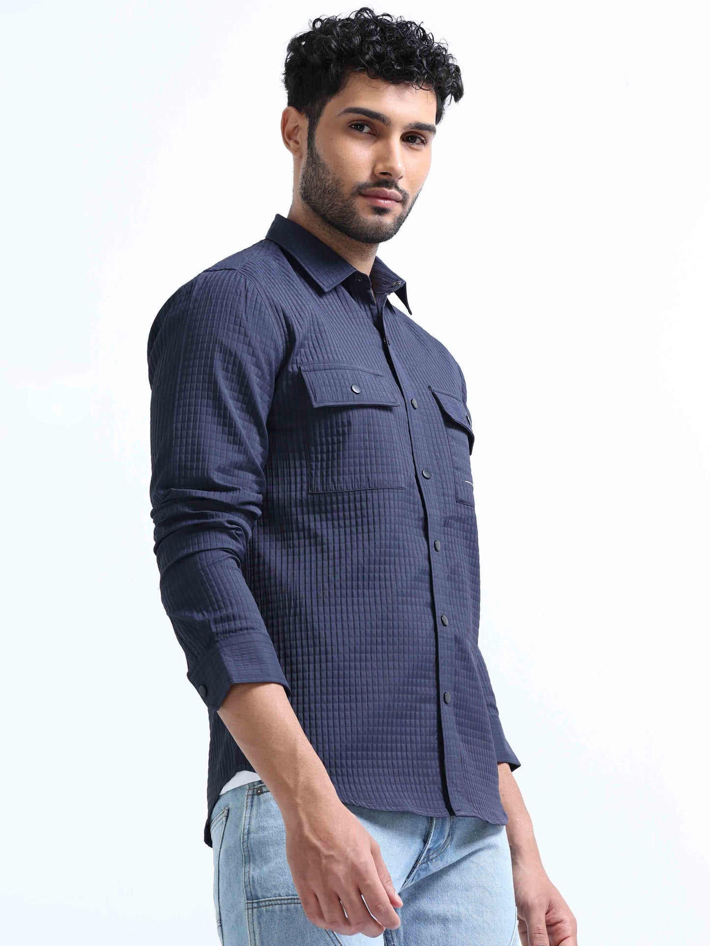 Navy Blue Blend Double Pocket Shirt For Men 