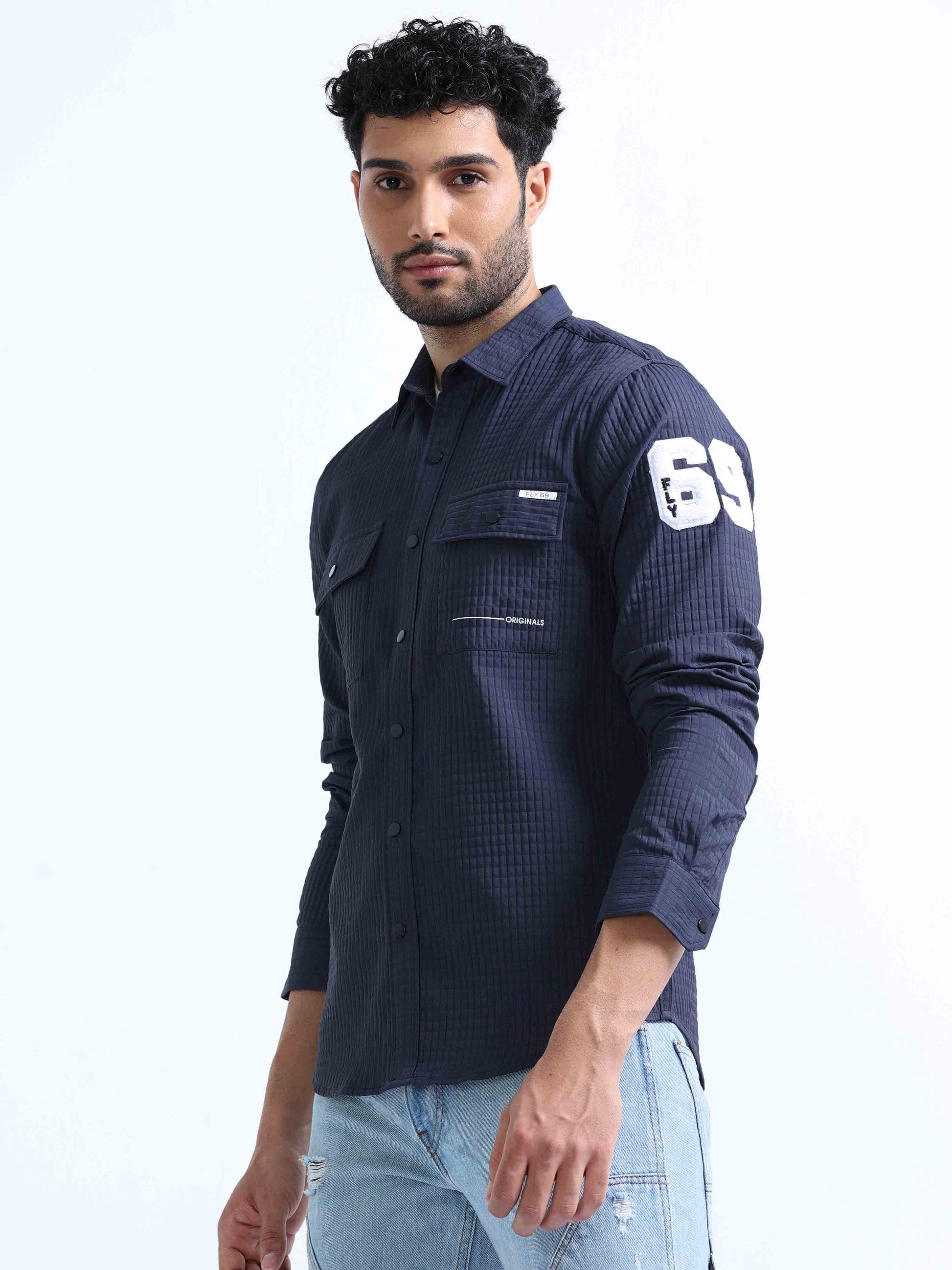 Navy Blue Blend Double Pocket Shirt For Men 