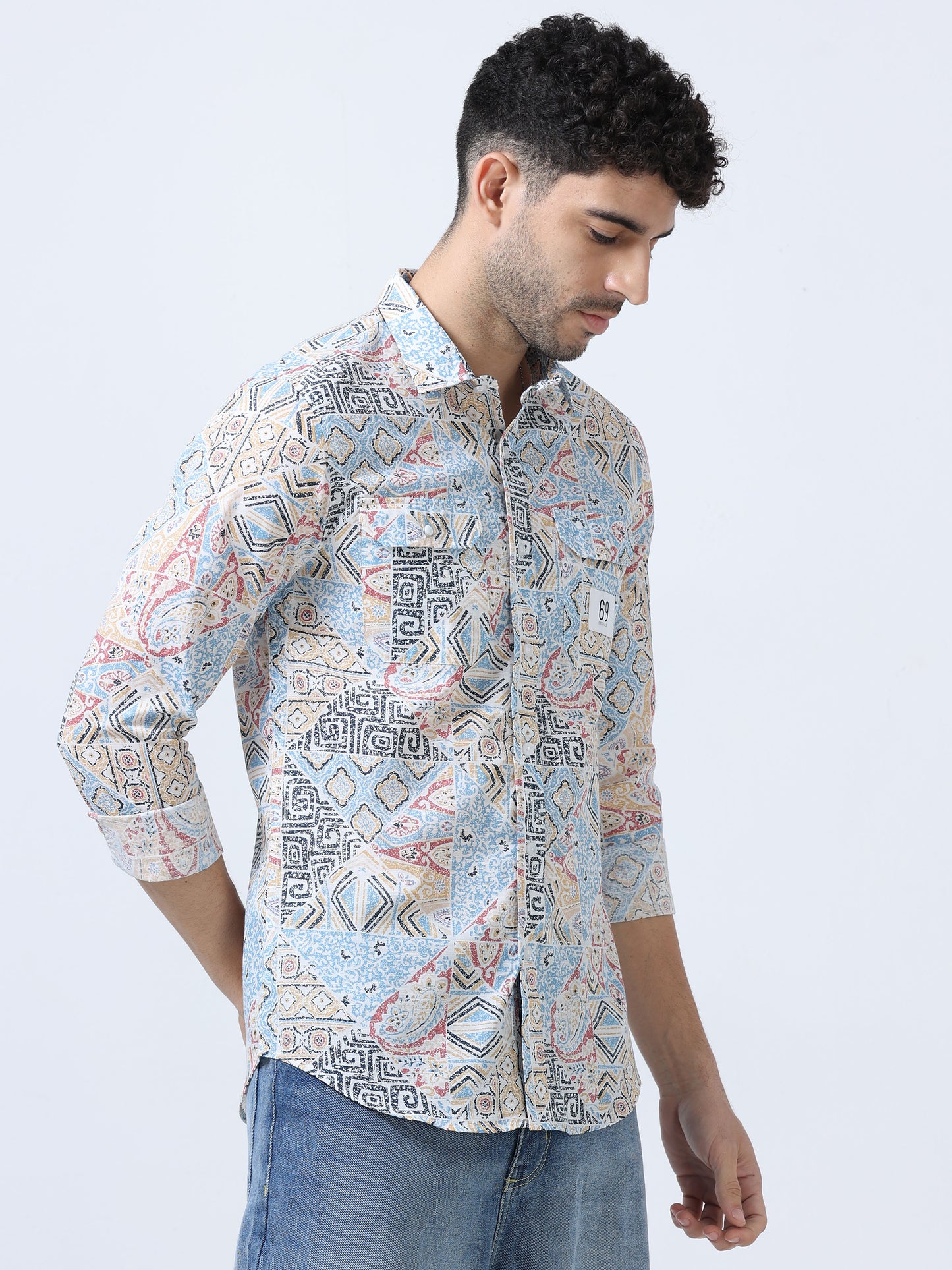 Blue & Pink Abstract Printed Double Pocket Shirt