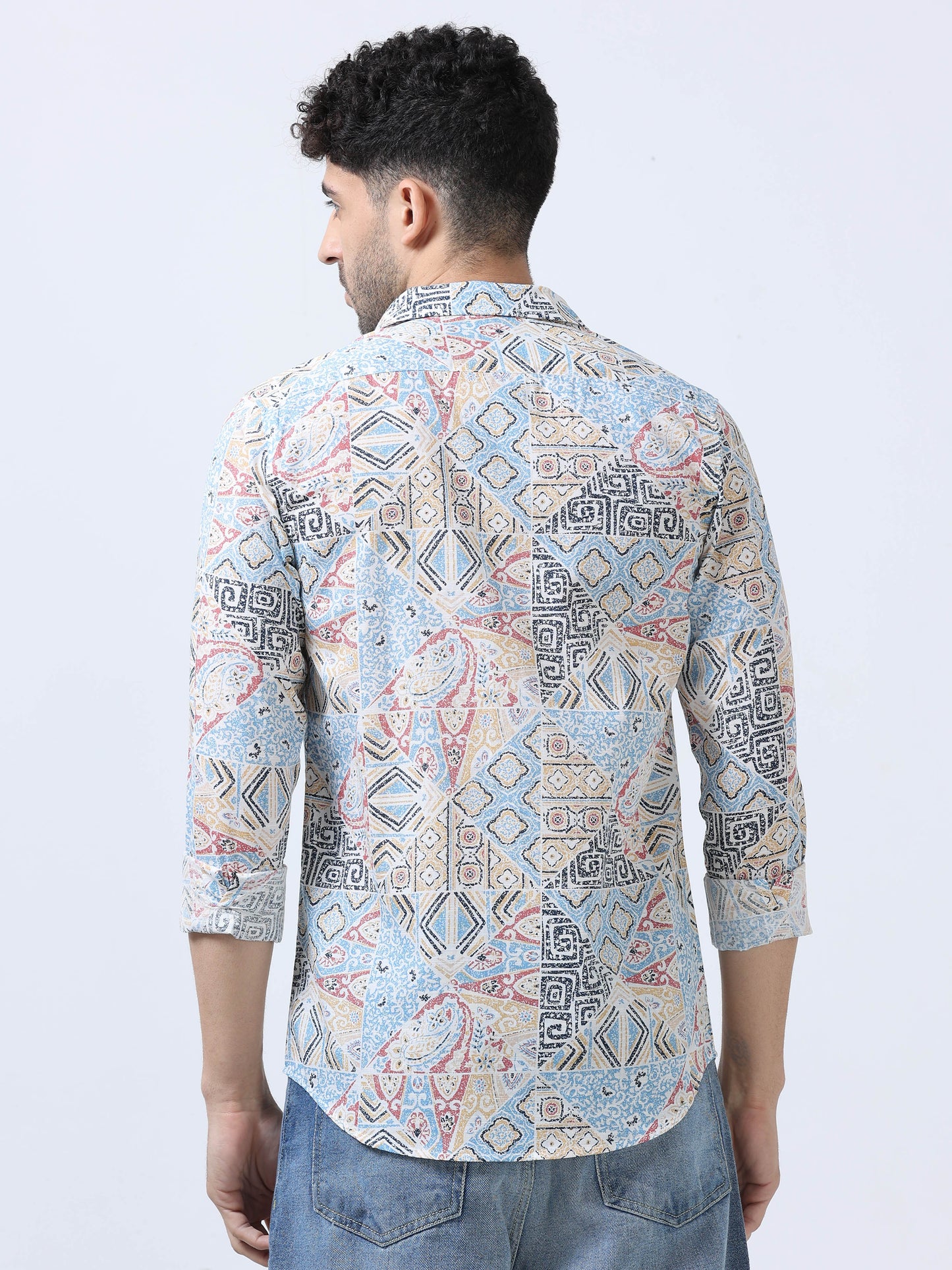 Blue & Pink Abstract Printed Double Pocket Shirt