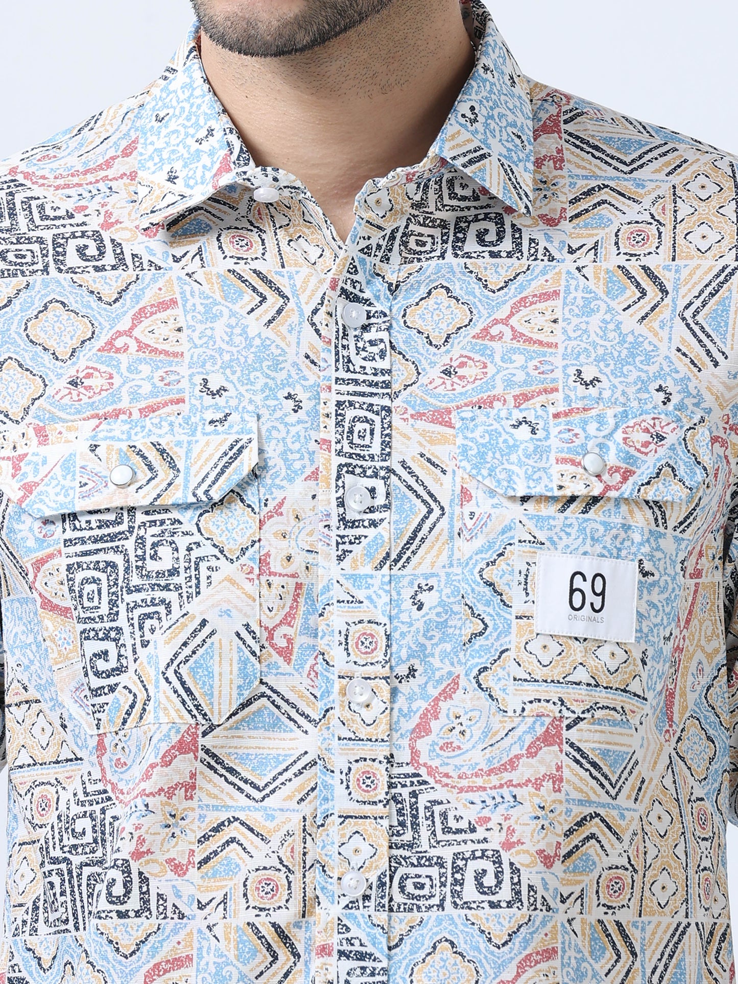 Blue & Pink Abstract Printed Double Pocket Shirt