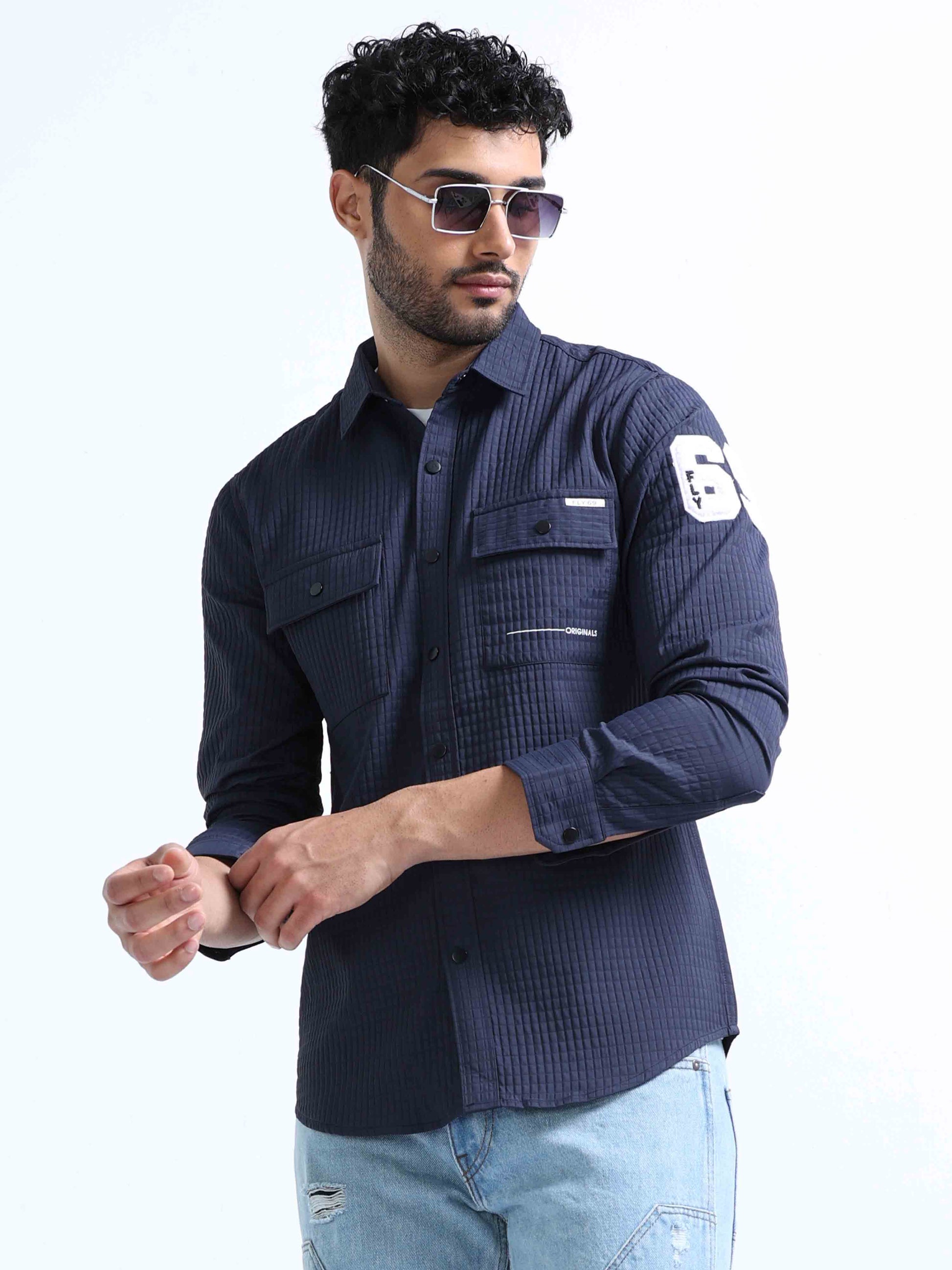 Navy Blue Blend Double Pocket Shirt For Men 