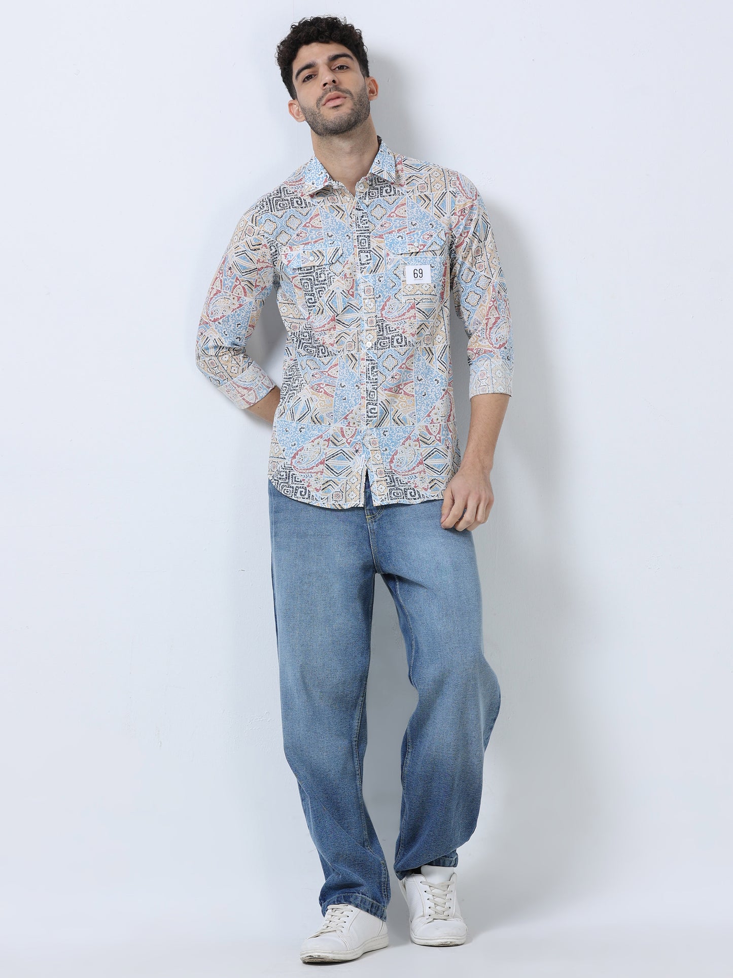 Blue & Pink Abstract Printed Double Pocket Shirt