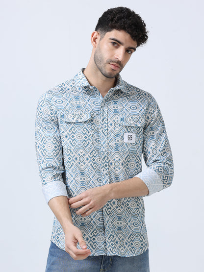 Blue Geometric Printed Double Pocket Shirt