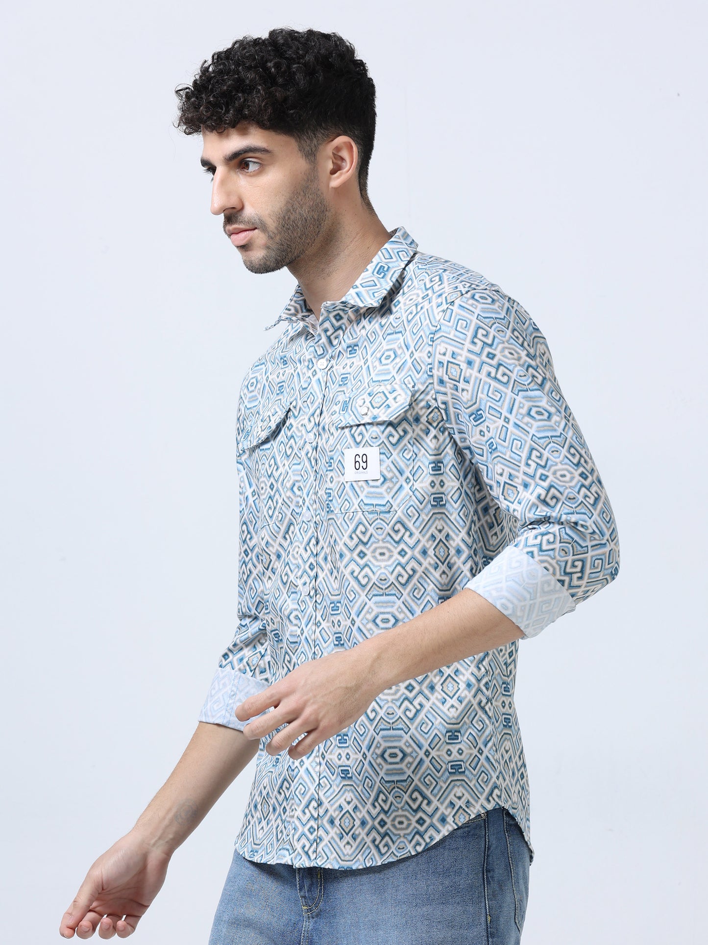 Blue Geometric Printed Double Pocket Shirt