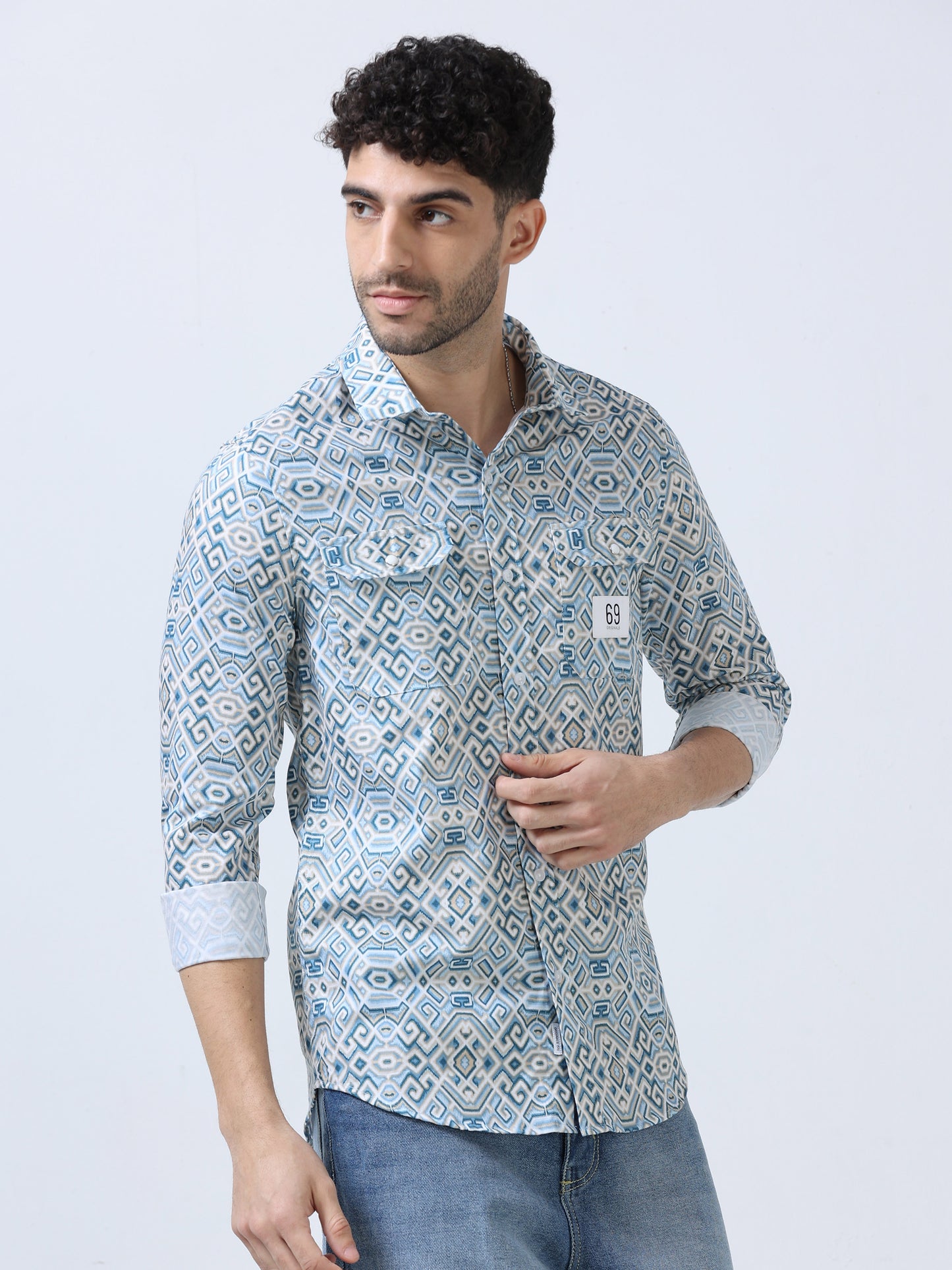 Blue Geometric Printed Double Pocket Shirt