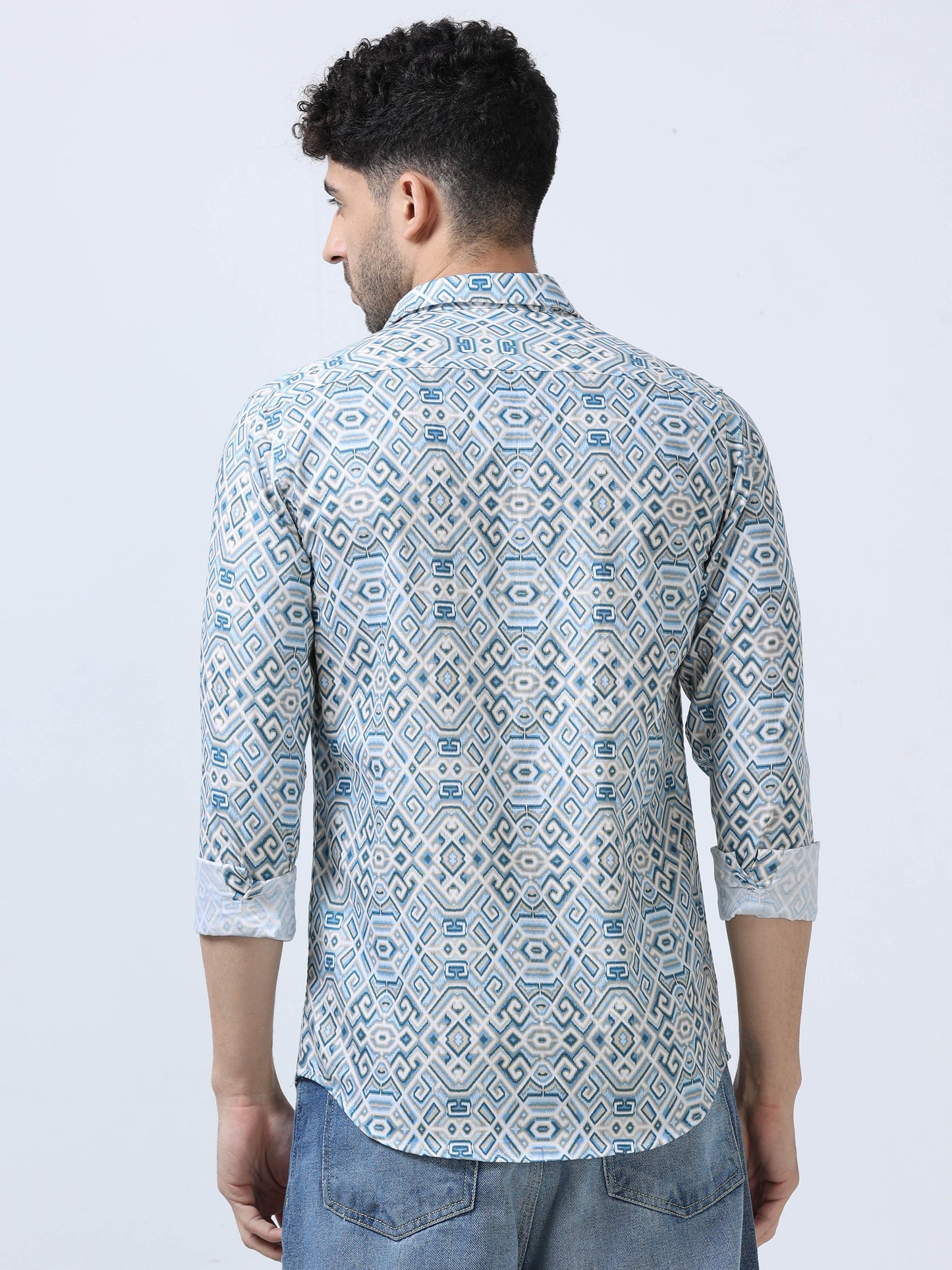 Blue Geometric Printed Double Pocket Shirt