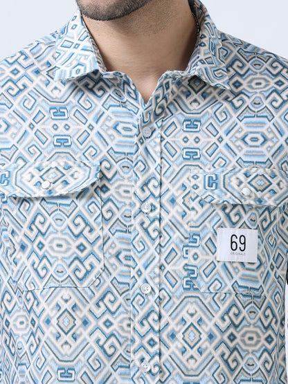 Blue Geometric Printed Double Pocket Shirt