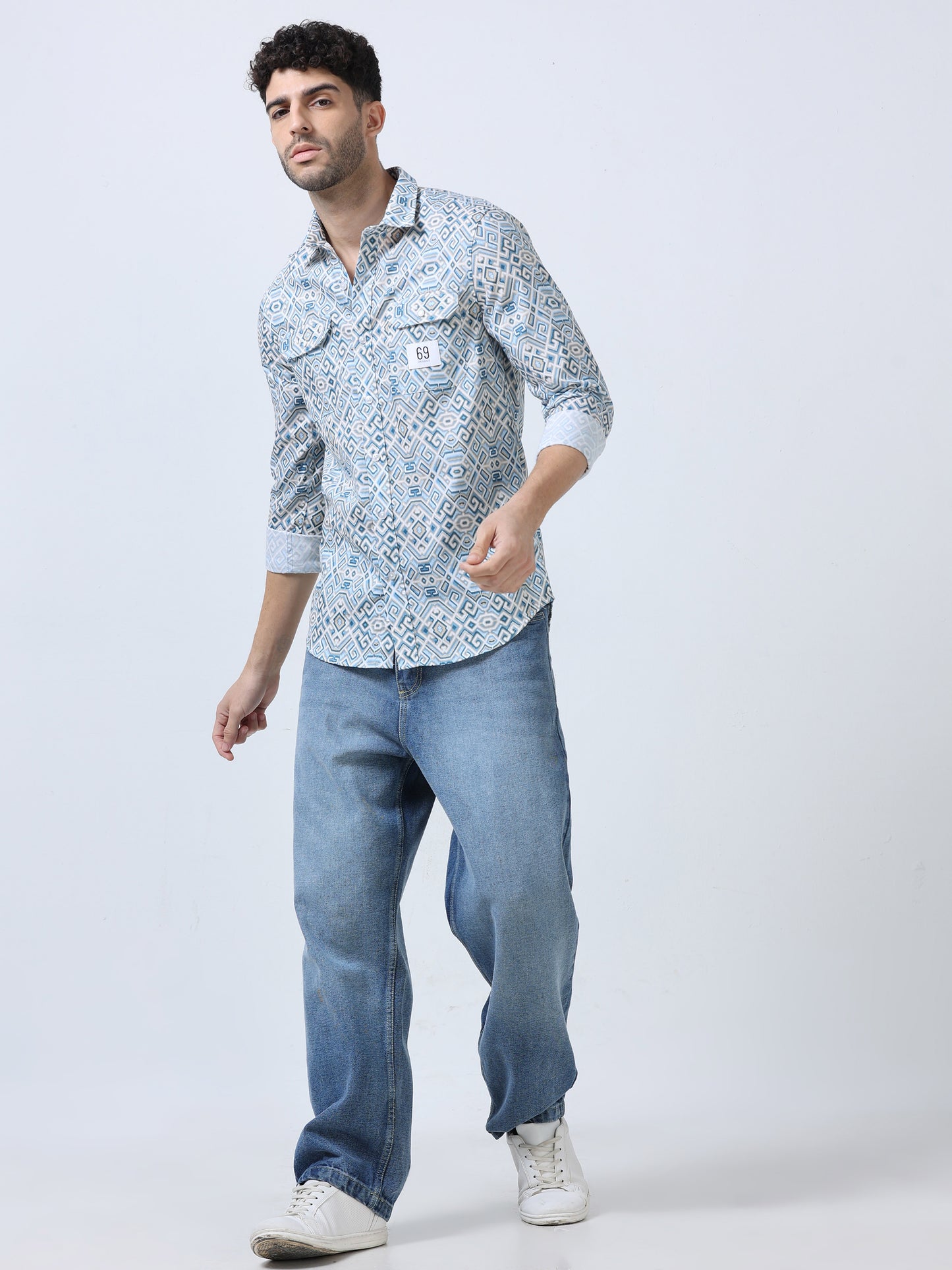 Blue Geometric Printed Double Pocket Shirt