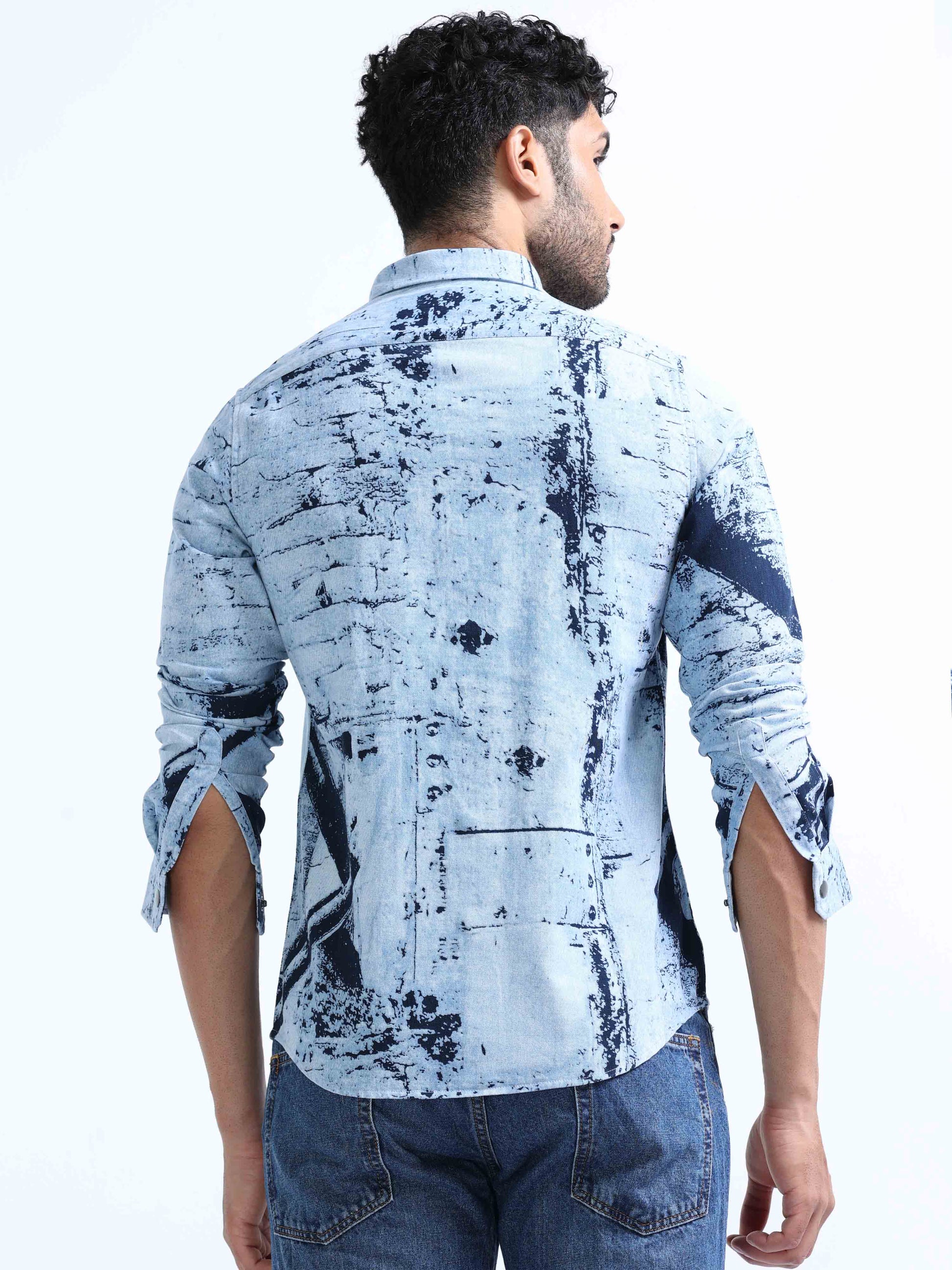 Medium Blue Printed Double Pocket Shirt For Men 