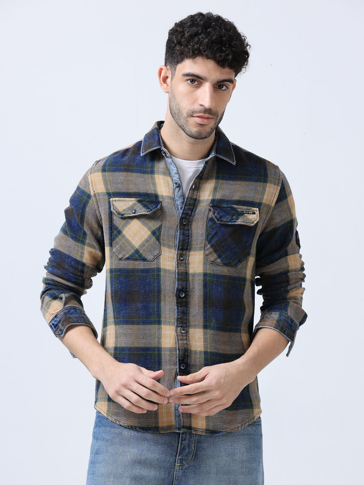 Beige Checks Denim Shirt