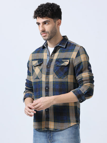 Beige Checks Denim Shirt