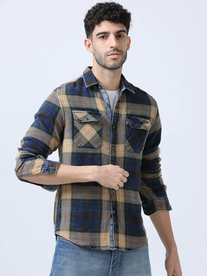 Beige Checks Denim Shirt