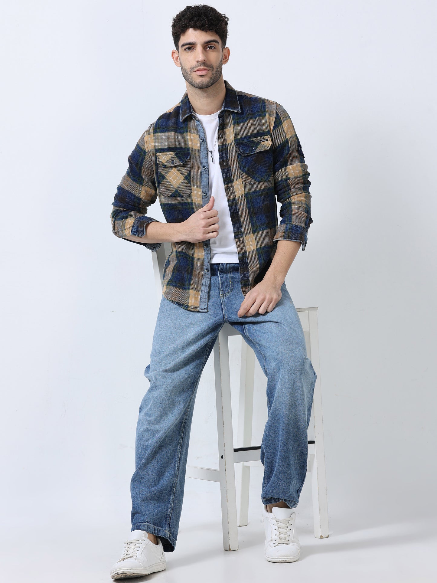 Beige Checks Denim Shirt