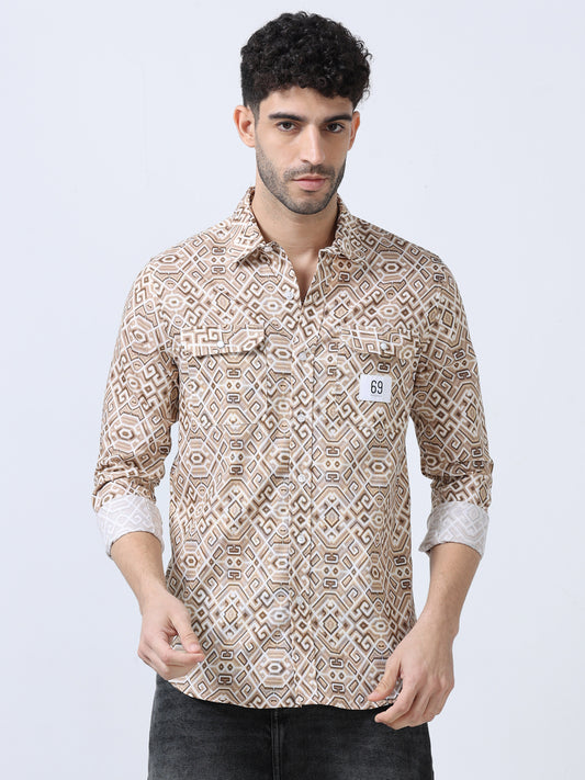 Beige Geometric Printed Double Pocket Shirt