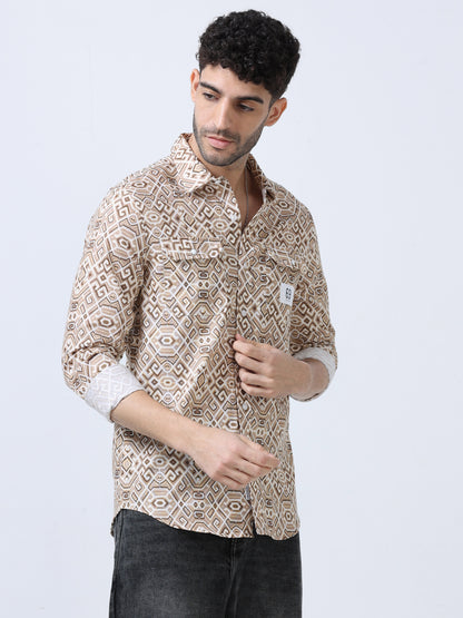 Beige Geometric Printed Double Pocket Shirt