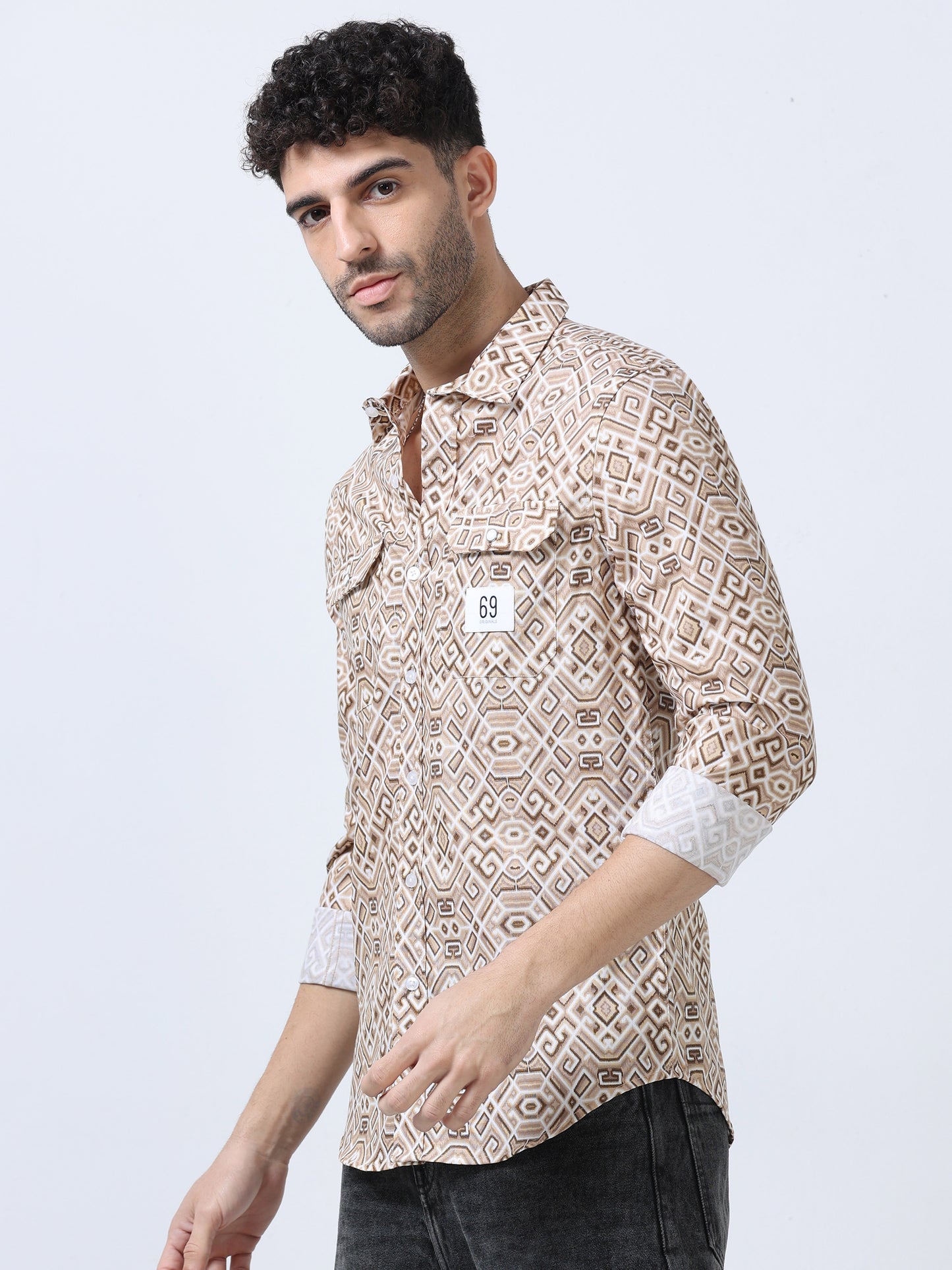 Beige Geometric Printed Double Pocket Shirt