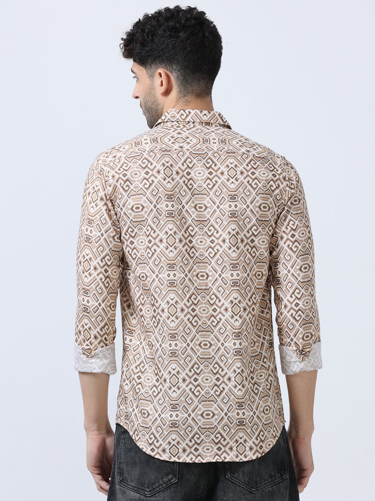 Beige Geometric Printed Double Pocket Shirt