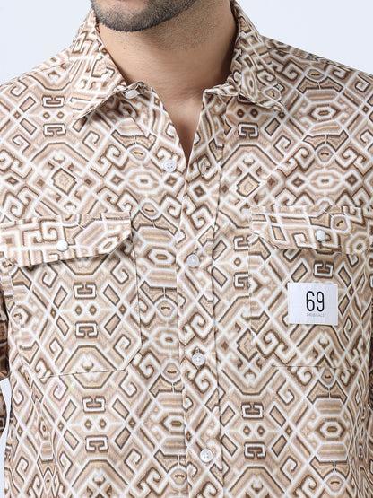 Beige Geometric Printed Double Pocket Shirt