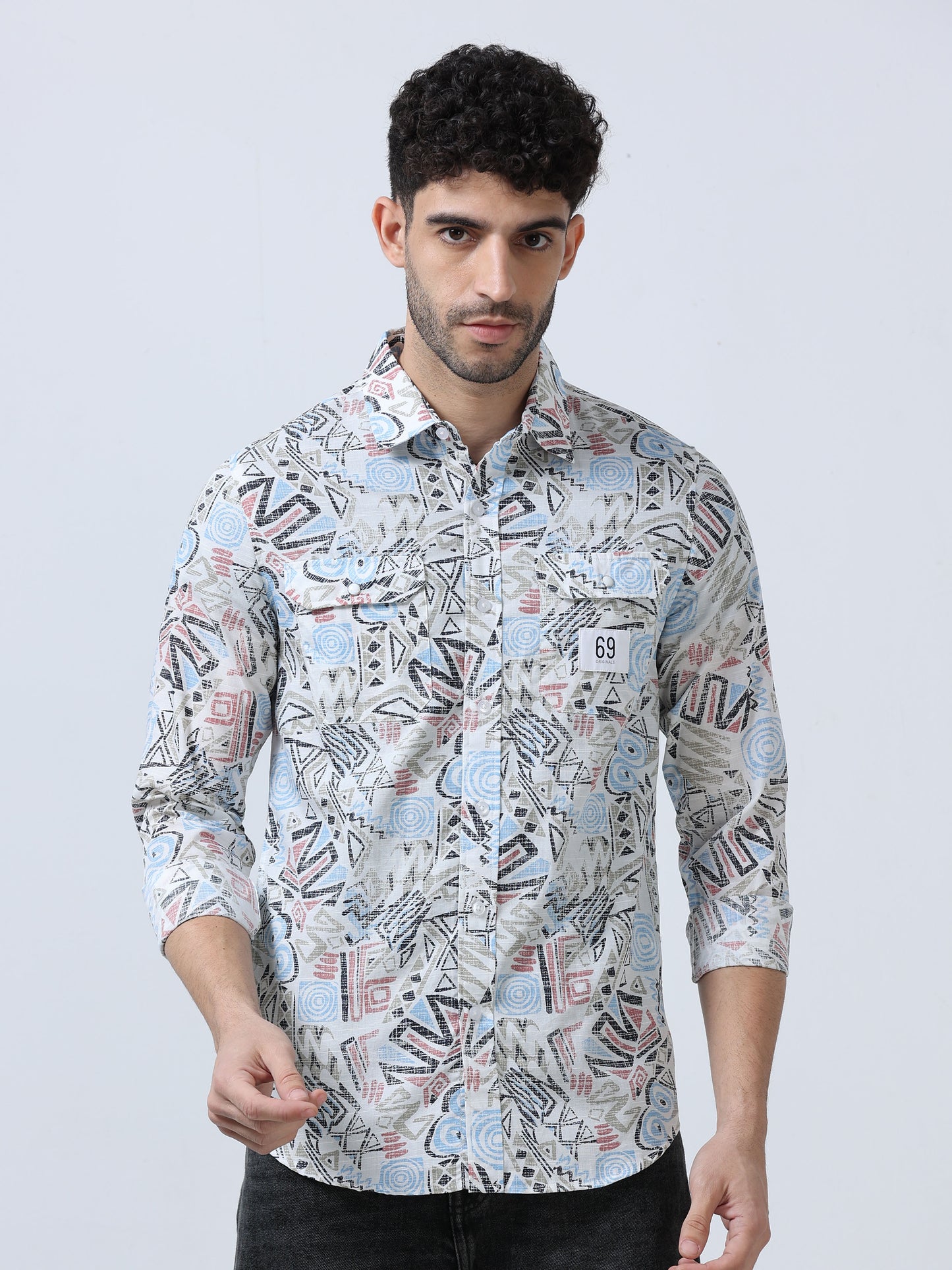 Blue  Zig-Zag Printed Double Pocket Shirt