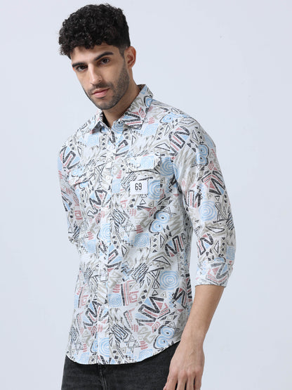 Blue  Zig-Zag Printed Double Pocket Shirt