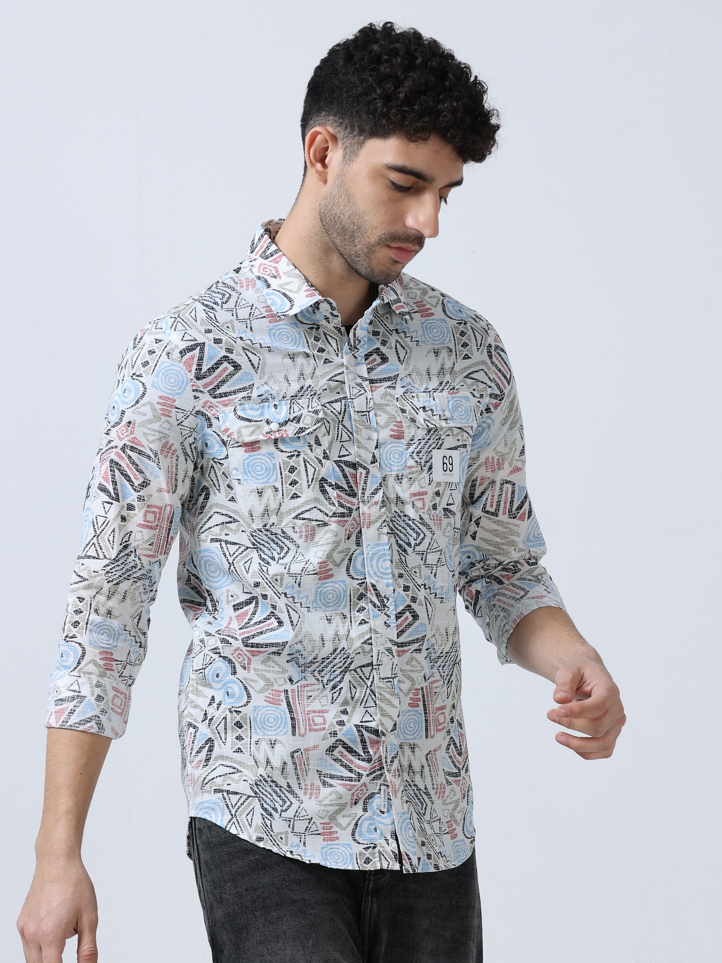 Blue  Zig-Zag Printed Double Pocket Shirt