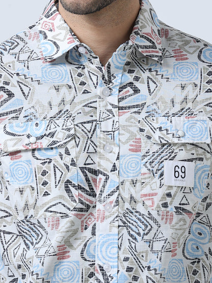 Blue  Zig-Zag Printed Double Pocket Shirt