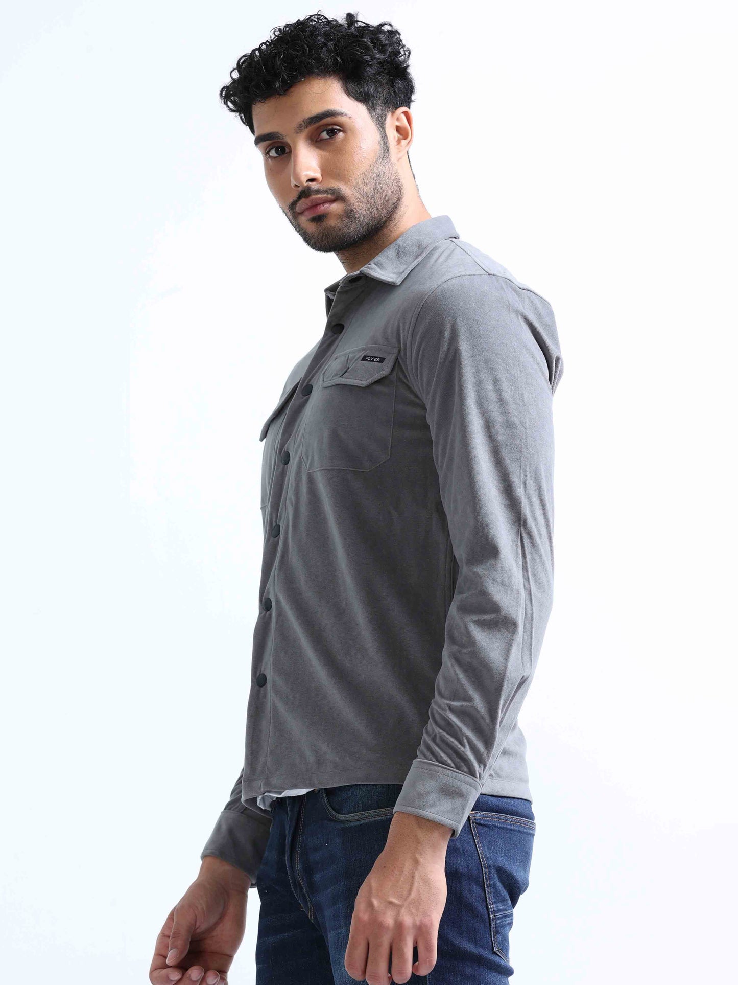 Dark Grey Velvet Over Double Pocket Shirt For Men 