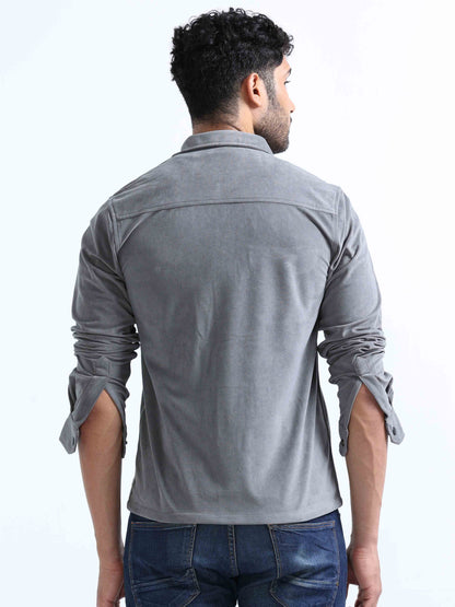 Dark Grey Velvet Over Double Pocket Shirt For Men 