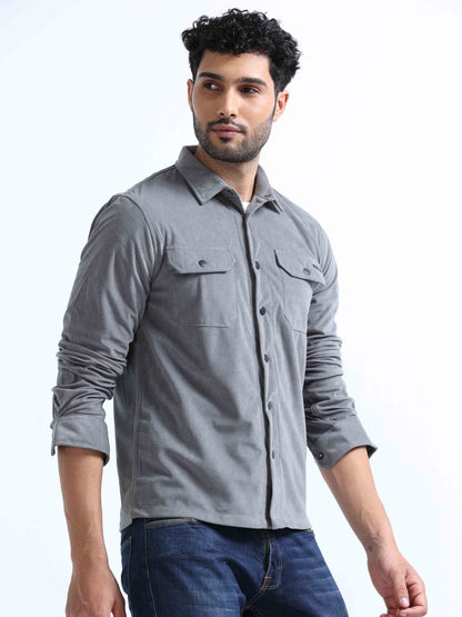 Dark Grey Velvet Over Double Pocket Shirt For Men 