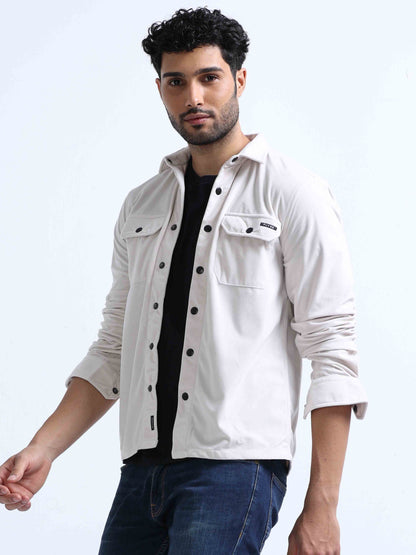 Cream Velvet Over Double Pocket Shirt For Men 