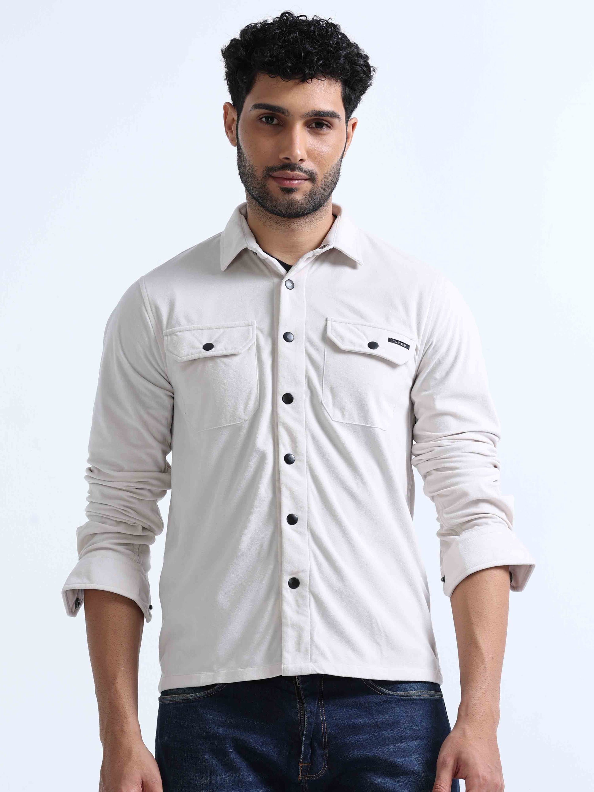 Cream Velvet Over Double Pocket Shirt For Men 