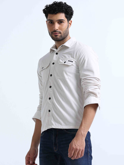 Cream Velvet Over Double Pocket Shirt For Men 