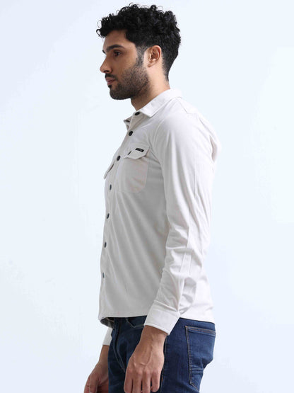 Cream Velvet Over Double Pocket Shirt For Men 