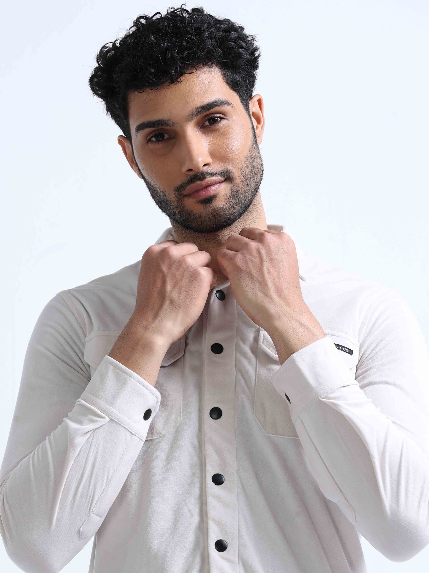 Cream Velvet Over Double Pocket Shirt For Men 