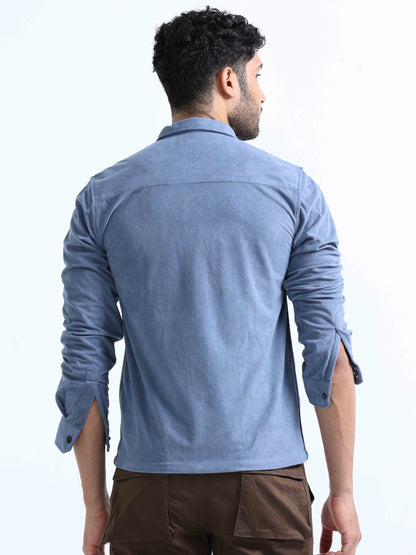 Light Blue Velvet Over Double Pocket Shirt For Men 